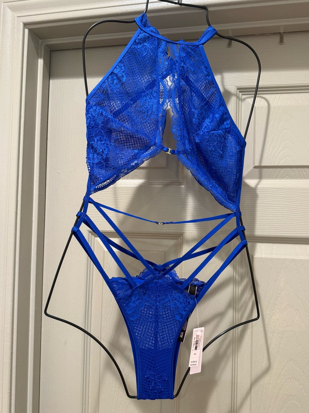 Blue Fishnet Teddy material Floral High-Neck with a key opening NWT size small